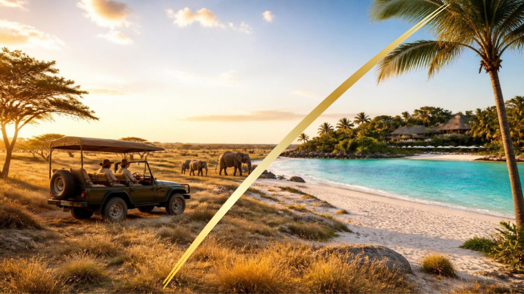 Safari vehicle near elephants and beach